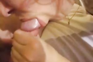 My blindfolded blond husband manages to milk my wang dry in her throat