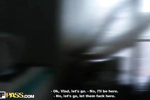 A blond and a dark brown engulf rods and get drilled in group sex episode