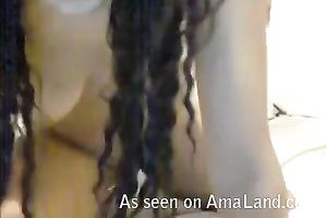 Enticing Brazilian playgirl drills her constricted bald muff with a sex tool