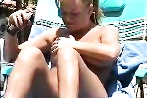 Buxom dilettante golden-haired milf white wife sunbathes exposed outside