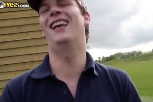 Slutty brunette hair flashes her bumpers and gives a priceless oral pleasure