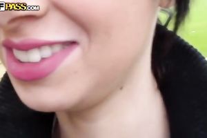 Slutty brunette hair flashes her bumpers and gives a priceless oral pleasure