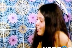 Gorgeous dark brown hottie is having 3some with 2 dudes