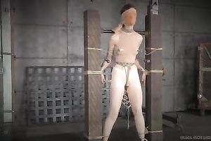 Nasty dark brown thrall white bitch wearing nylon is blindfolded and punished