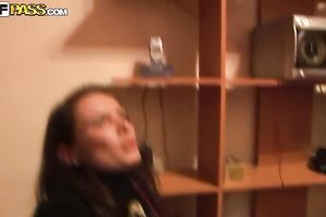 Two non-professional babes show their whoppers to a stud indoors