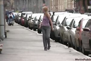 Shameless slut Lena pees her panties in a public place