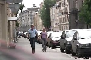 Shameless slut Lena pees her panties in a public place