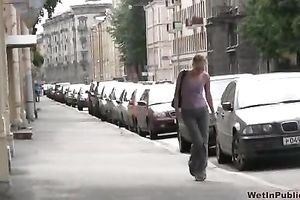 Shameless slut Lena pees her panties in a public place