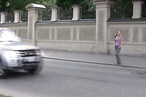 Shameless slut Lena pees her panties in a public place