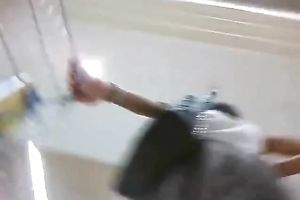 Spy clip of skanky girl wearing no pants beneath jeans petticoat