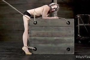 Cute blond hottie with a gag ion throat is tortured by her perverted corporalist