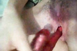 Self taped clip of my cute brunette hair babe shoving her tight shaggy wet crack