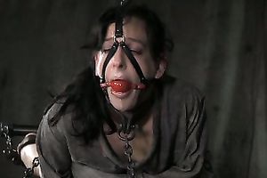 Hysterical dark brown playgirl with miniature love bubbles overreacts the tortures