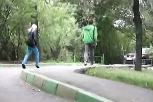 Blond whore Kate pees in a public place and takes her juicy clothing off