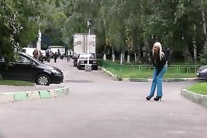 Blond whore Kate pees in a public place and takes her juicy clothing off