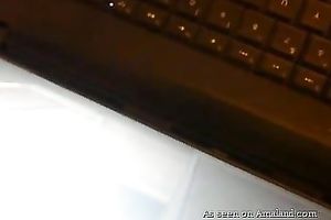 Chubby dark doxy exposes her large ass and masturbates on camera