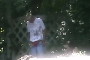 European girlfriend blows her man in the garden on my spy episode