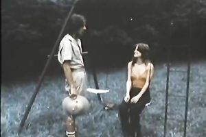 Skanky retro brunette sucks and rides a prick outdoors