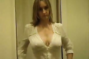 Fascinating blond milf shows her natural love melons in homemade solo
