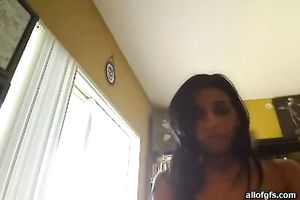 Salacious Indian brunette hair with pretty Tats rested on table and masturbated