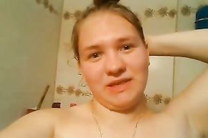 Russian plump legal age teenager tapes herself bare in the washroom