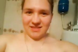 Russian plump legal age teenager tapes herself bare in the washroom