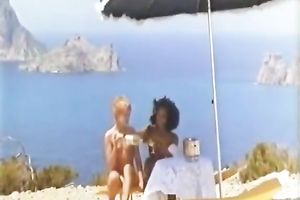 Ebony chick and slender European slutty wife having lesbo enjoyment outdoors