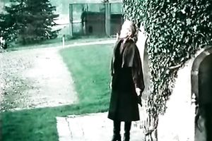 Black-haired doxy allows a stud to take up with the tongue her wobblers and bushy muff