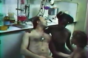 Slutty black white bitch and golden-haired skank share a schlong in the kitchen