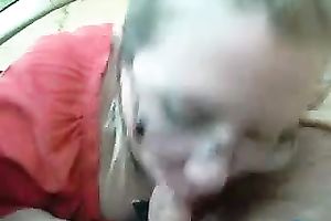 Nerdy golden-haired fattie enjoys sucking my weiner in a car