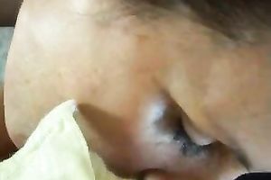 Sinfully concupiscent whore with massive hanging bumpers is engulfing on my cock