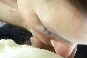 Sinfully concupiscent whore with massive hanging bumpers is engulfing on my cock