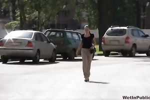 Beautiful brunette hair white women pees in her pants and changes her garments