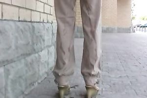 Beautiful brunette hair white women pees in her pants and changes her garments