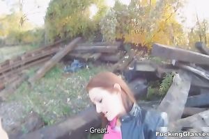 Slim redhead skank receives her bald cookie gangbanged outdoors