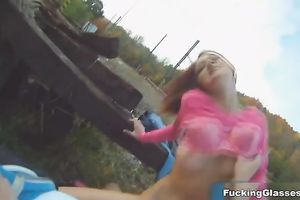 Slim redhead skank receives her bald cookie gangbanged outdoors
