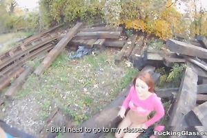 Slim redhead skank receives her bald cookie gangbanged outdoors