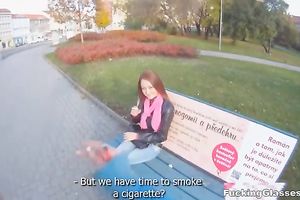 Slim redhead skank receives her bald cookie gangbanged outdoors