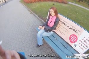Slim redhead skank receives her bald cookie gangbanged outdoors