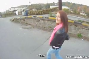 Slim redhead skank receives her bald cookie gangbanged outdoors