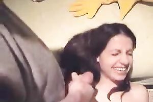Dark-haired tart lets me cum on her face after licking my pecker
