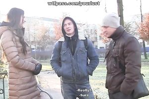 Wanton dark brown hottie copulates 2 sexy strangers in Male+Male+Female threesome