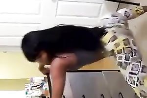 Nasty dark girlfriend with booty shaking on the movie scene