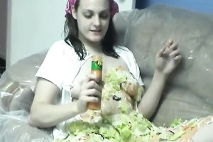 Messy foot fetish homemade solo scene with a juggy brunette