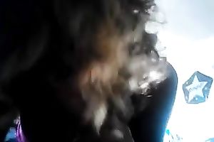 Curly-haired cutie engulfing and rubbing my rod indoors