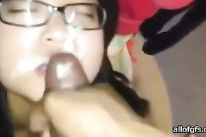 Asian geek playgirl receives jizzed on her face after that babe gave a valuable oral-stimulation