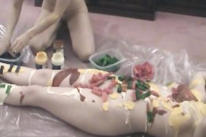 Messy homemade food fetish episode with 2 dilettante brunettes