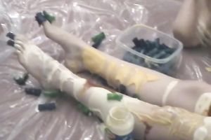 Messy homemade food fetish episode with 2 dilettante brunettes