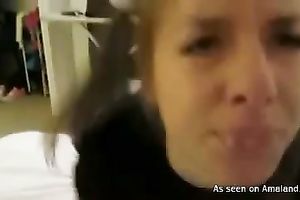 Slutty brunette hair tag-teamed by 2 lustful men on her couch