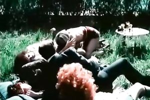 Stunning retro episode with milfs petting every other in the garden